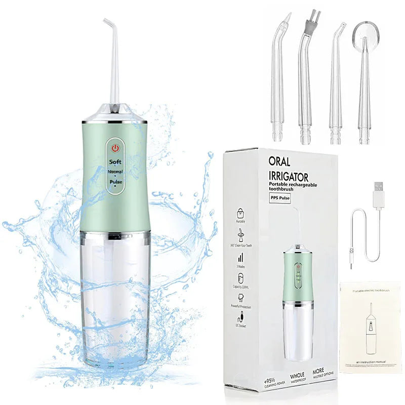 Pet dental water flosser from A minha loja, showing a close-up of the device with water stream for pet oral hygiene.
