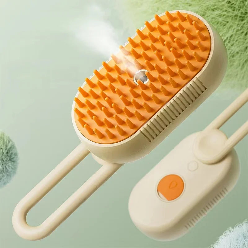 Pet steam brush by A minha loja, showing a handheld device with steam nozzle and pet fur cleaning attachment.