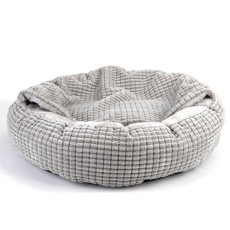 Cozy hooded dog bed by A minha loja featuring fluffy round donut shape, soft washable fabric, and non-slip bottom for comfort.
