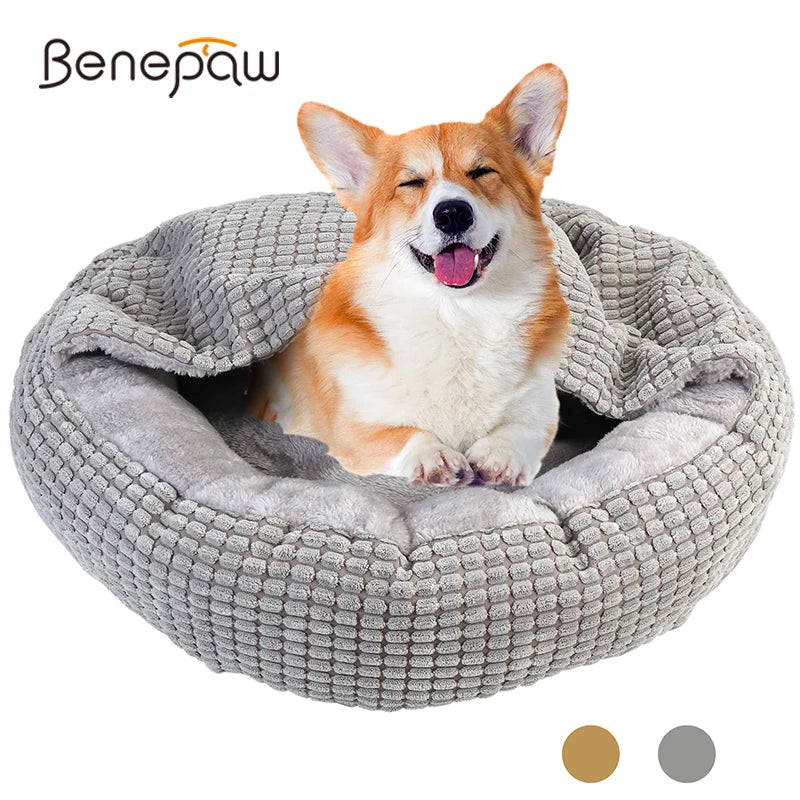 Soft, fluffy Benepaw cozy dog bed with hood, round donut shape, orthopedic cushioning, suitable for puppies and cats.