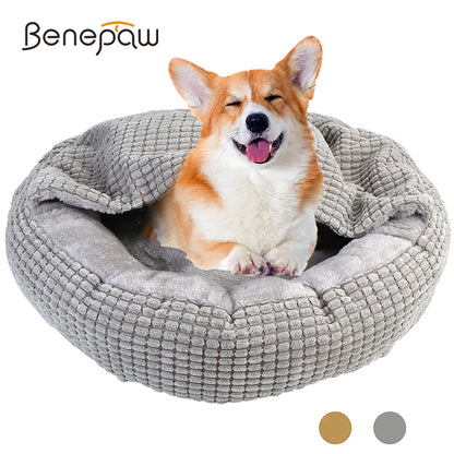 Soft, fluffy Benepaw cozy dog bed with hood, round donut shape, orthopedic cushioning, suitable for puppies and cats.