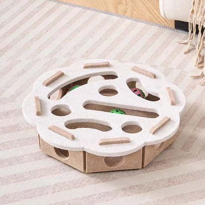 Felt cat puzzle feeder box with three balls, interactive maze slow feeder toy for indoor cats mental stimulation and treat hiding