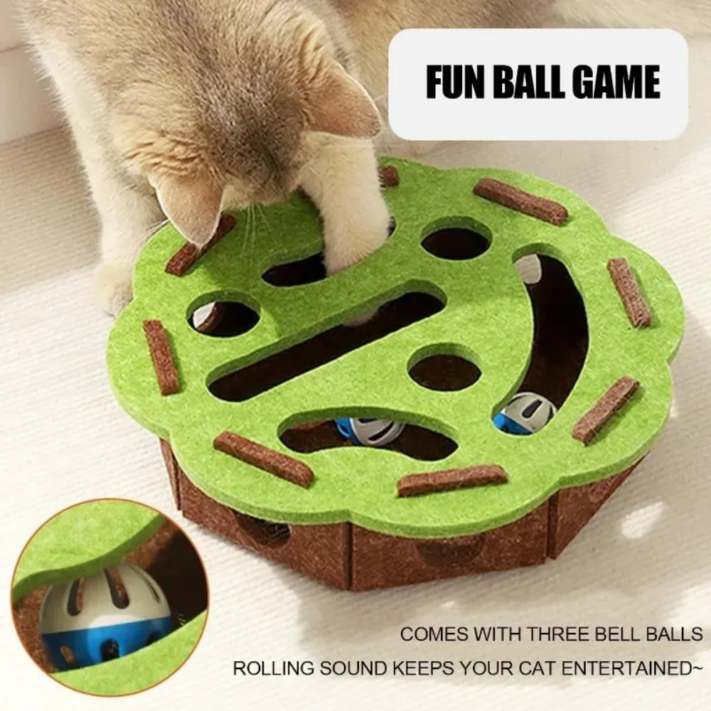 Felt cat puzzle feeder box with three balls, interactive maze slow feeder toy for indoor cats mental enrichment and treat hiding