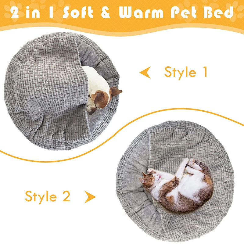 Cozy Benepaw round dog bed with hood, fluffy orthopedic pet cuddler, soft washable cave for puppies and cats, non-slip bottom