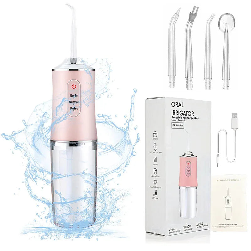 Pet dental water flosser from A minha loja, showing the compact device with nozzle and water tank for oral hygiene.