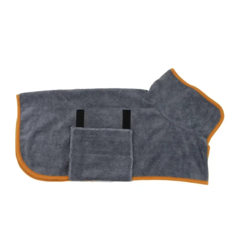 Pet bathrobe from A minha loja, soft and cozy, displayed on a small dog, perfect for drying and comfort after baths.