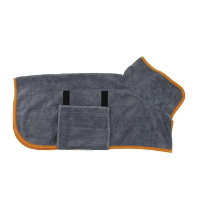 Pet bathrobe from A minha loja, soft and cozy, displayed on a small dog, perfect for drying and comfort after baths.