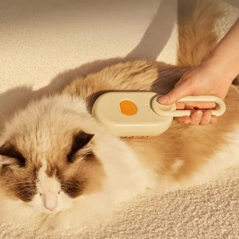 Pet steam brush from A minha loja, showing the handheld device with steam nozzle for gentle pet grooming and coat cleaning.