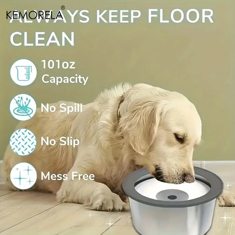 Stainless steel dog water bowl with floating disk design, anti-spill feature, and slow feeder for pets, by A minha loja.
