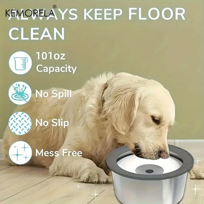 Stainless steel dog water bowl with floating disk design, anti-spill feature, and slow feeder for pets, by A minha loja.