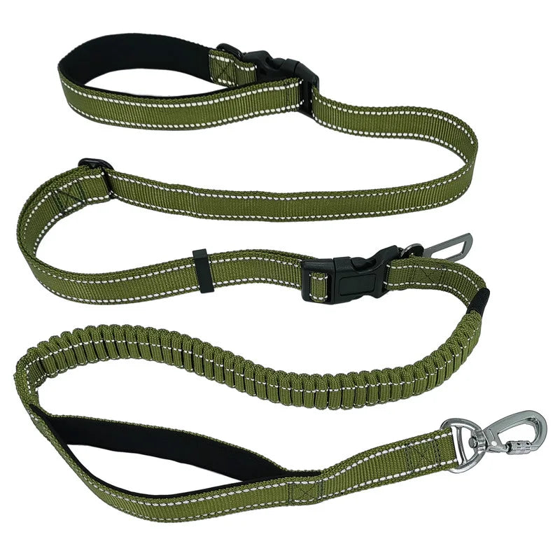Hands-free bungee leash by A minha loja showing a flexible leash with padded handle and secure clip for pet walking.