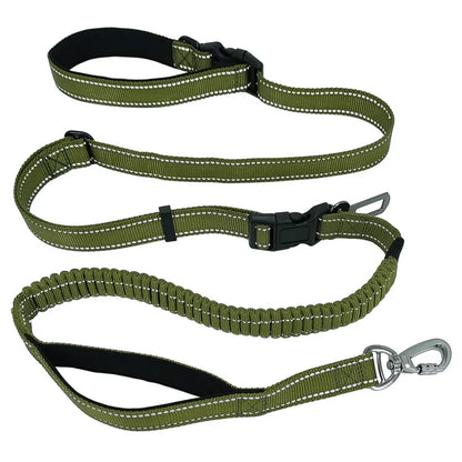 Hands-free bungee leash by A minha loja showing a flexible leash with padded handle and secure clip for pet walking.