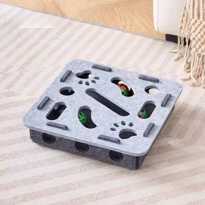 Felt cat puzzle feeder box with three balls, interactive maze slow feeder toy for indoor cats mental enrichment and treat hideout