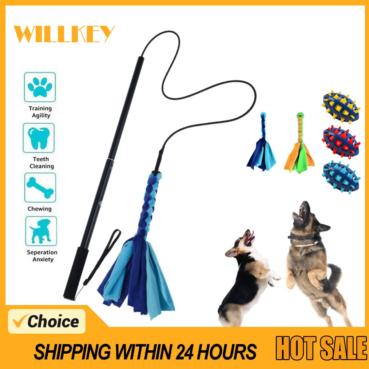 Retractable dog flirt pole toy from A minha loja with extendable stick, ideal for chasing, teasing, and outdoor exercise for pets.