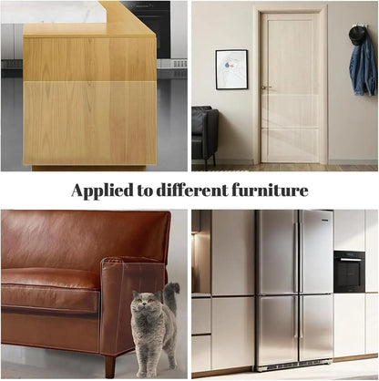 Clear vinyl cat scratch furniture protector tape on sofa and door, self-adhesive for protecting furniture from cat scratches.