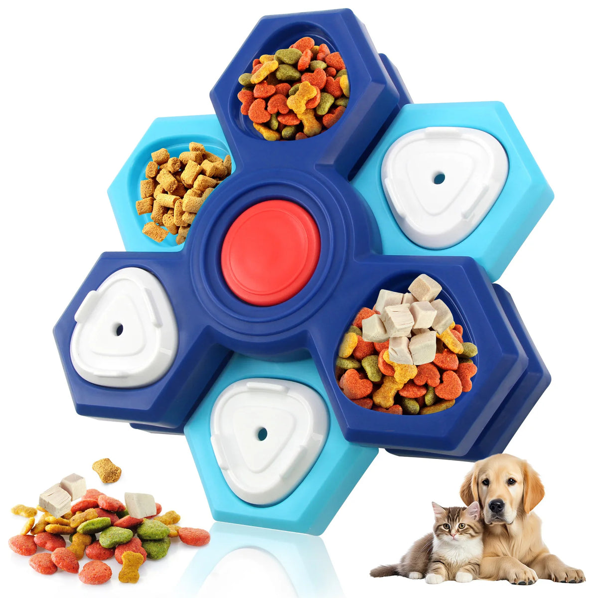 Rotating dog puzzle toy by A minha loja, featuring colorful sections for interactive play and mental stimulation for dogs.