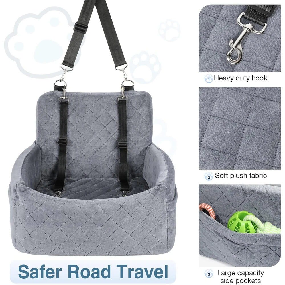 Portable dog car seat by A minha loja, showing a cozy, secure seat suitable for small dogs during car travel.