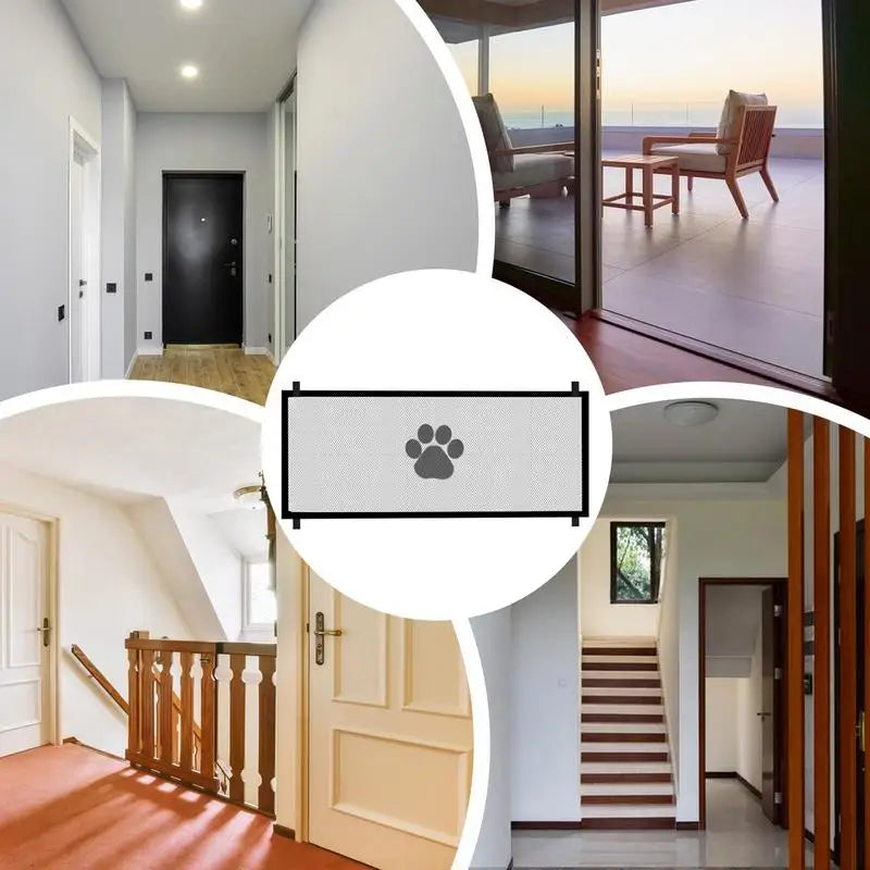 Mesh dog gate by A minha loja, retractable pet barrier with wide folding fence for stairs, doorways, halls, and kitchens.