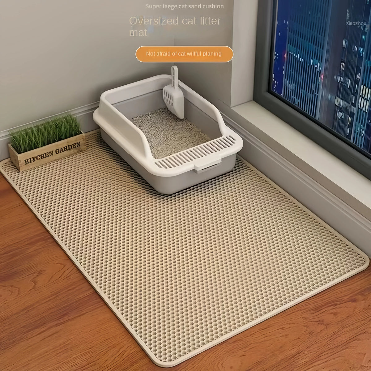 Large double-layer waterproof cat litter mat from A minha loja, non-slip, washable pet litter box pad with sand trap for cats.