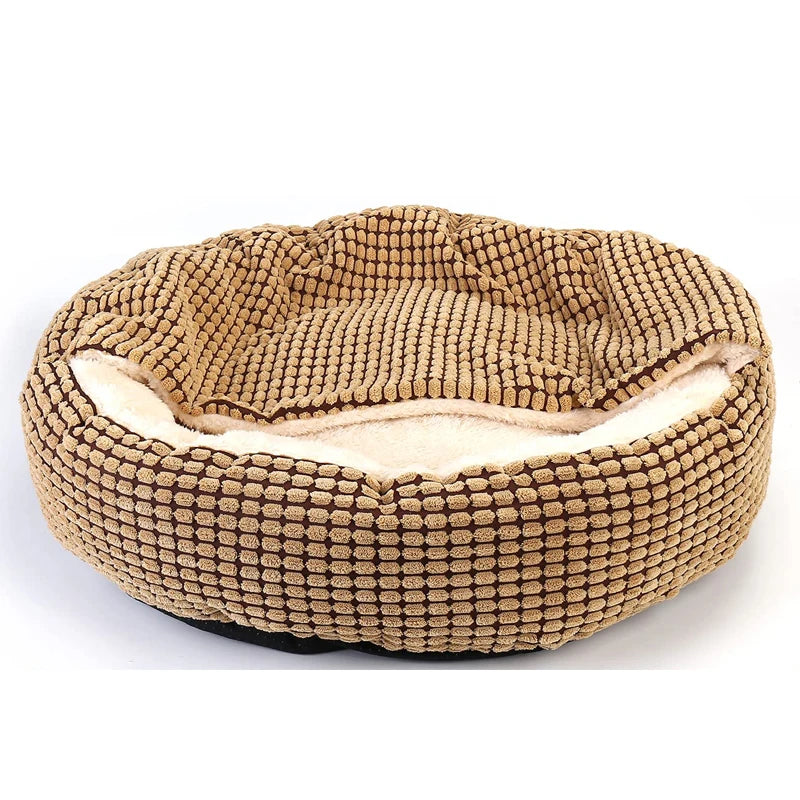 Cozy, fluffy hooded dog bed by A minha loja featuring a round donut shape, soft cushioning, and non-slip bottom for pets' comfort.