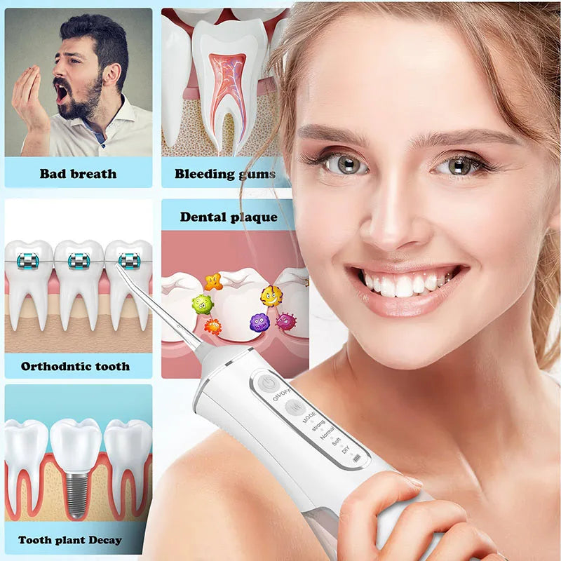 Pet dental water flosser by A minha loja, showing the compact device with water tank and adjustable nozzle for pet oral care.