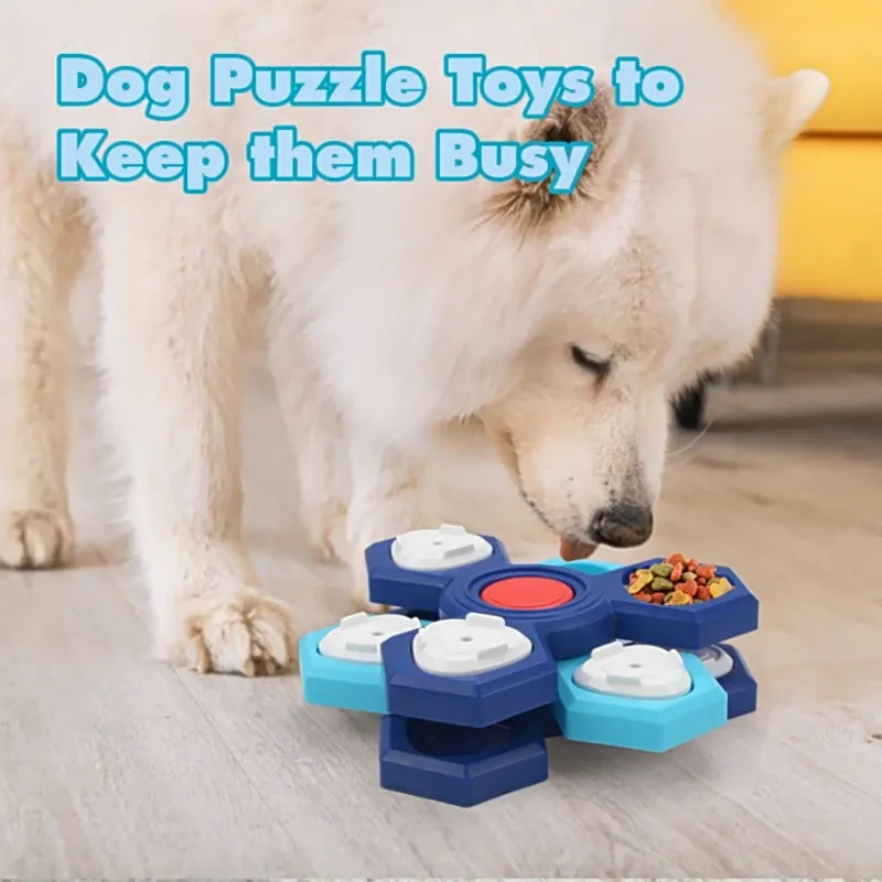 Rotating dog puzzle toy by A minha loja featuring multiple compartments for interactive pet treat challenges.