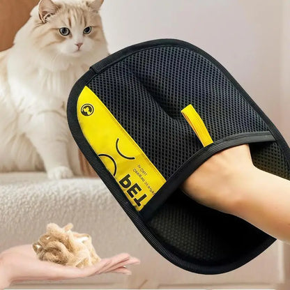 A minha loja pet hair remover gloves with textured surface for easily removing pet hair from furniture and clothing.
