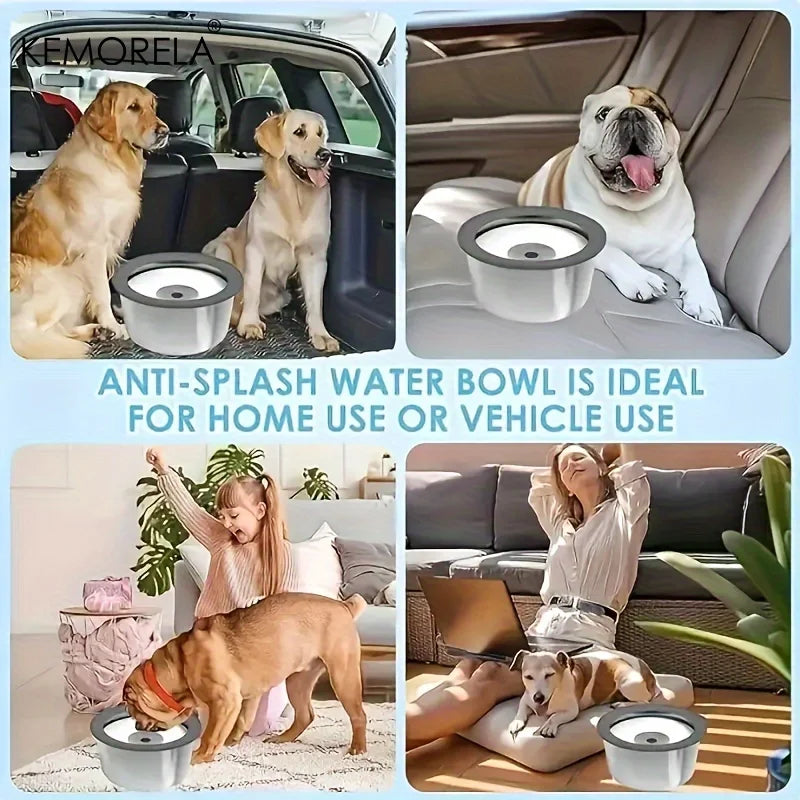 Stainless steel dog water bowl with floating disk design, anti-spill, non-wet mouth pet drinking bowl for slow hydration.
