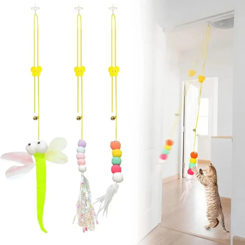 Interactive cat toy feather stick with suction cup and retractable wand, designed for engaging play and exercise with cats.