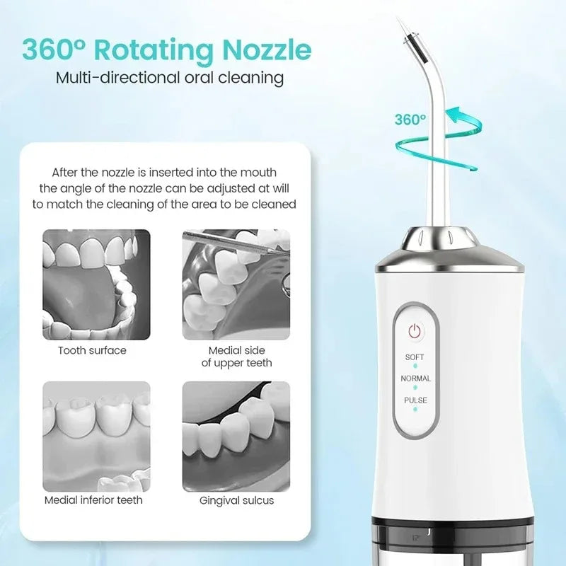 Pet dental water flosser from A minha loja, showing the device with adjustable nozzle and water reservoir for pet oral hygiene.