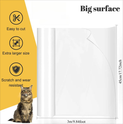 Clear vinyl cat scratch furniture protector tape applied to sofa and door to prevent scratches from cats.