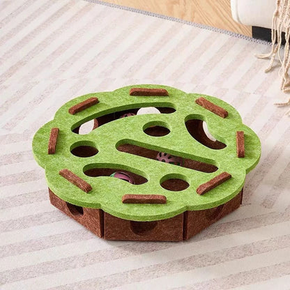 Felt cat puzzle feeder box with three balls, interactive maze slow feeder toy for indoor cats mental enrichment and treat hiding.