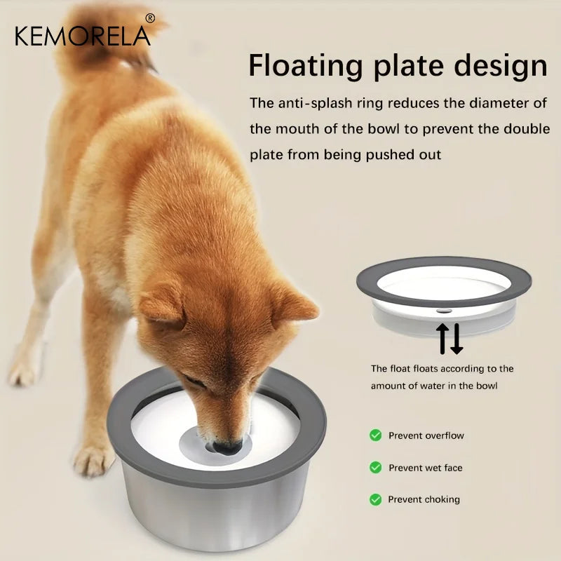 Stainless steel dog water bowl with floating disk design, anti-spill feature, non-wet mouth, suitable for slow drinking.