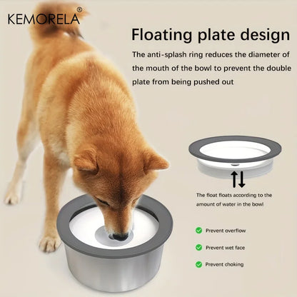 Stainless steel dog water bowl with floating disk design, anti-spill feature, non-wet mouth, suitable for slow drinking.