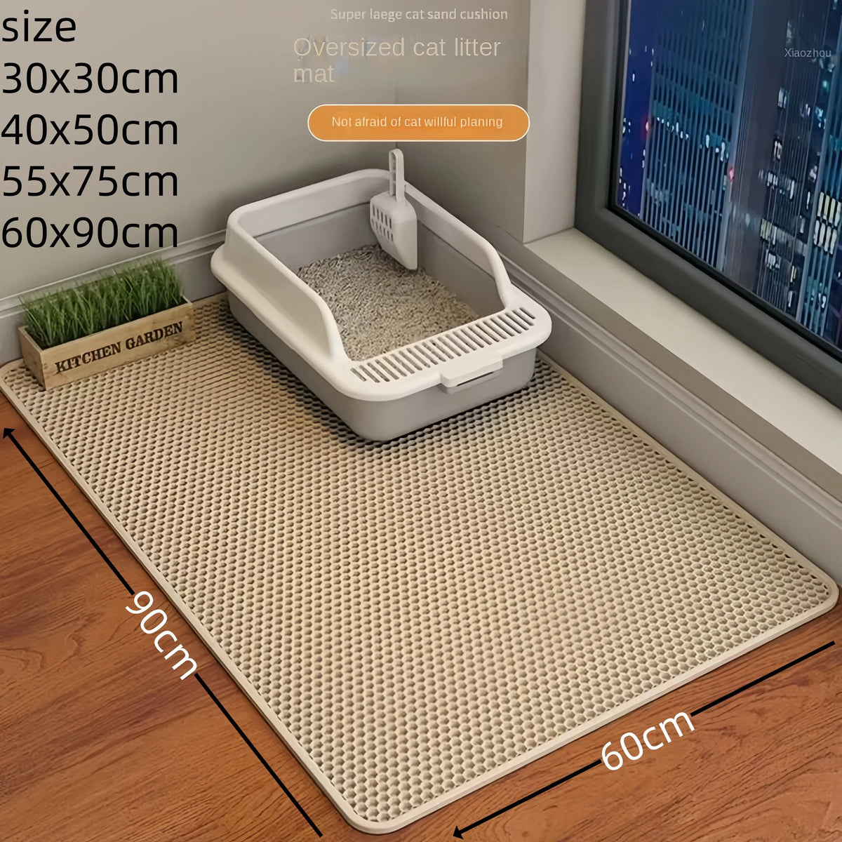 Large waterproof double-layer cat litter mat from A minha loja, non-slip washable pet litter box pad with sand collection.