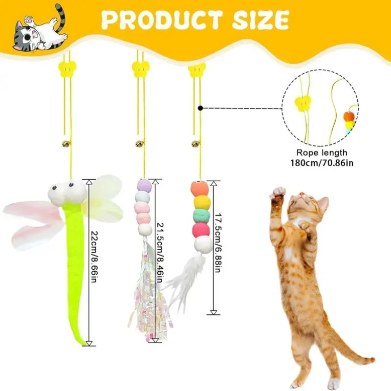 Interactive cat toy featuring a feather stick with a suction cup and retractable wand for engaging play.