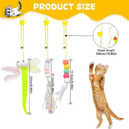 Interactive cat toy featuring a feather stick with a suction cup and retractable wand for engaging play.