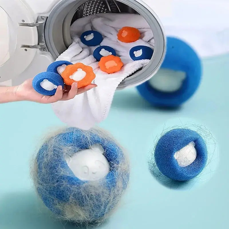 Reusable pet hair remover balls for laundry, with wool stickers and lint catcher, designed to remove cat fur and pet hair from clothes.