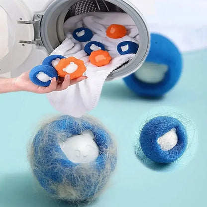 Reusable pet hair remover balls for laundry, with wool stickers and lint catcher, designed to remove cat fur and pet hair from clothes.