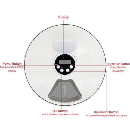 A minha loja 24-hour pet automatic feeder with 6 grids, round design, voice recorder, for cats and dogs, dispensing dry or wet food.