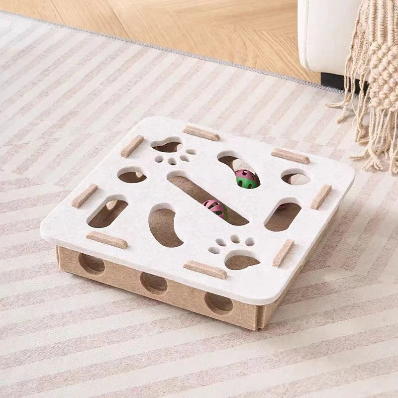 Felt cat puzzle feeder box with three balls, interactive maze slow feeder toy for indoor cats mental enrichment and treat hideout
