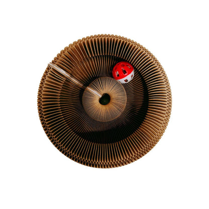 Round corrugated cat scratcher toy with scratching post design, ideal for cats to grind claws and play.