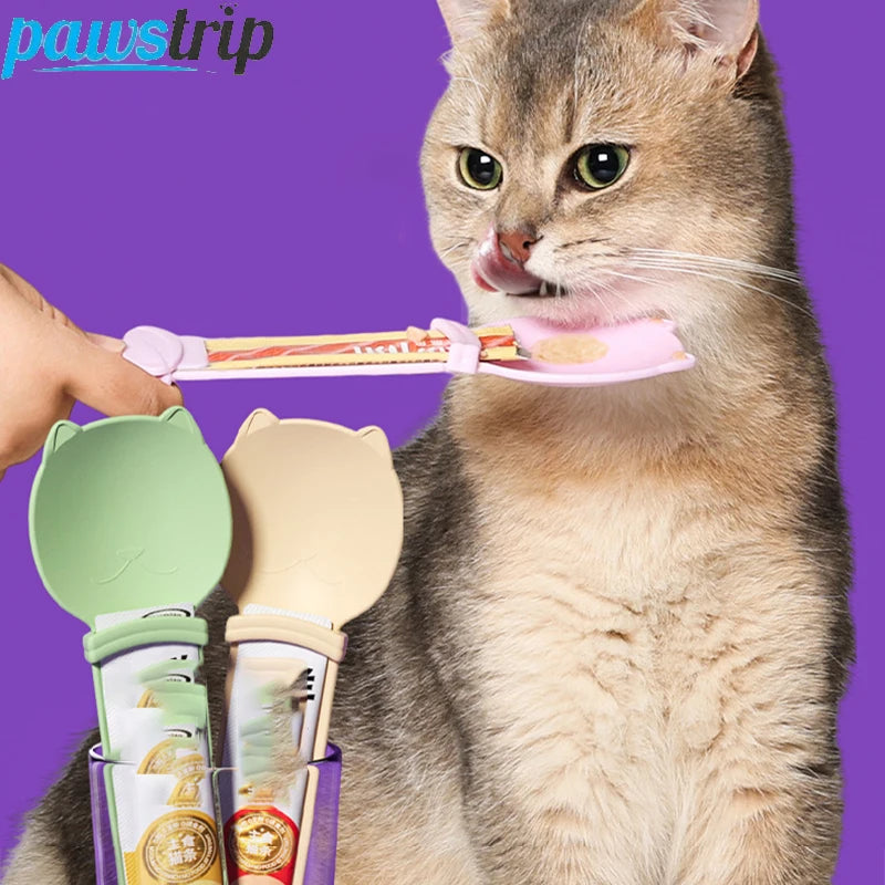 A minha loja 2-piece cat strip squeeze spoon feeder for lickable wet treats and liquid snacks, made of durable pet feeding plastic.