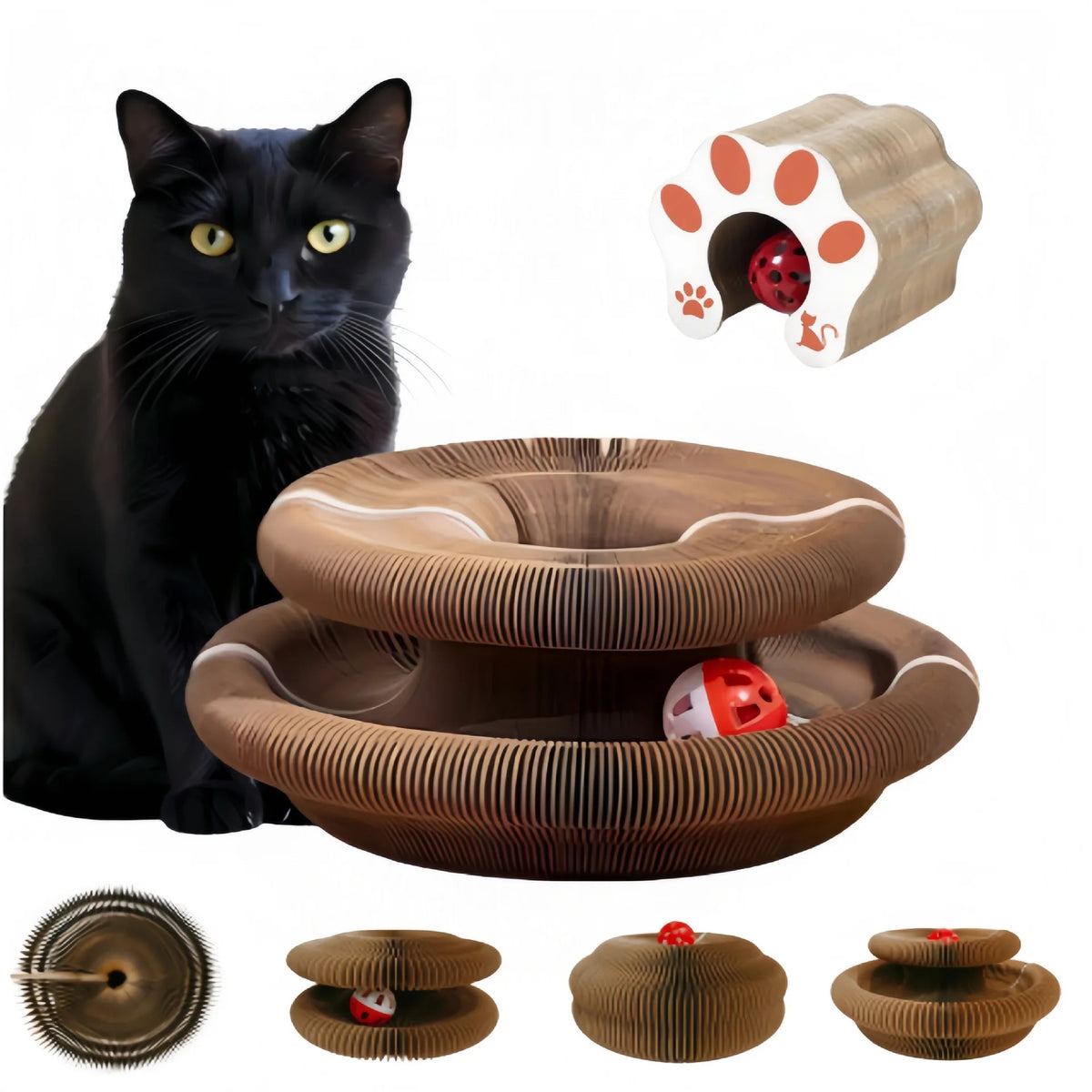 Round corrugated cat scratcher toy by A minha loja, designed for cats to scratch and grind claws with textured surface.
