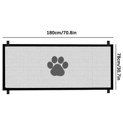 Mesh retractable dog gate by A minha loja, folding pet barrier with wide mesh design for stairs, doorways, and hallways.