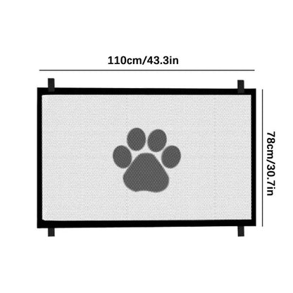 Mesh retractable pet barrier gate by A minha loja, folds easily to block stairs, doorways, and hallways for pets.