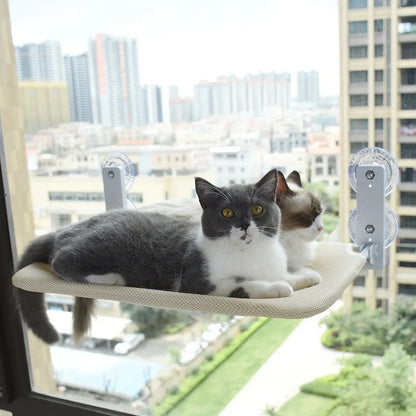 Foldable cat hammock with suction cups hanging on window, ideal for sunbathing and climbing, by A minha loja.