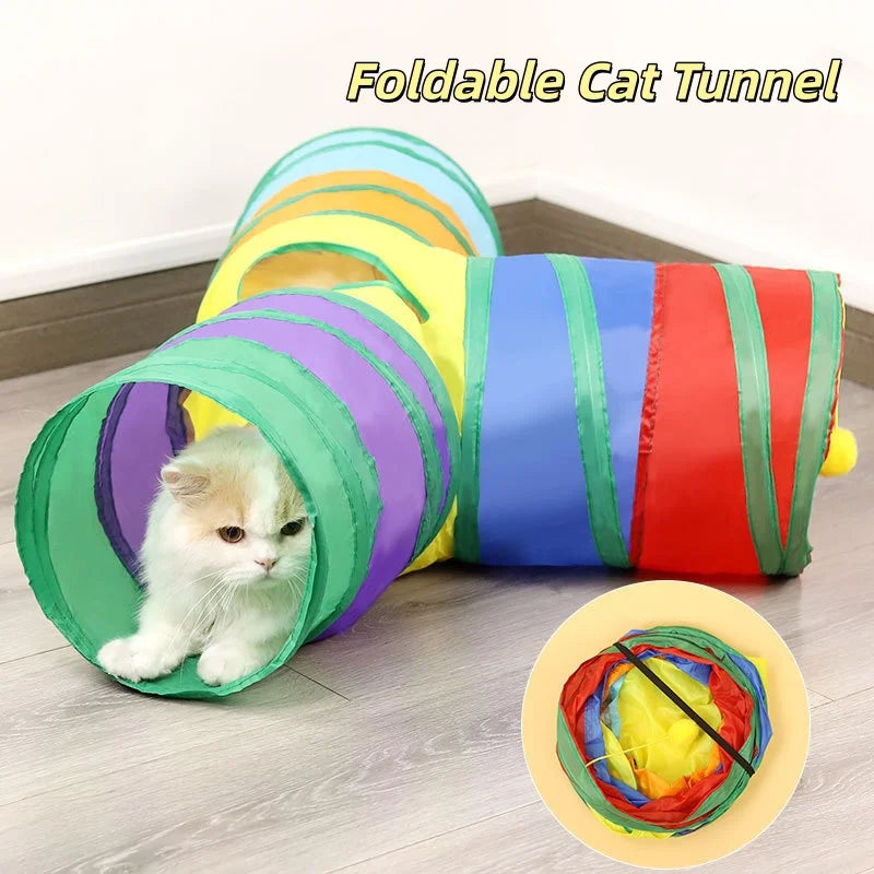 Foldable cat tunnel tube by A minha loja, showcasing its bright fabric, flexible design, and open ends for interactive kitten play.