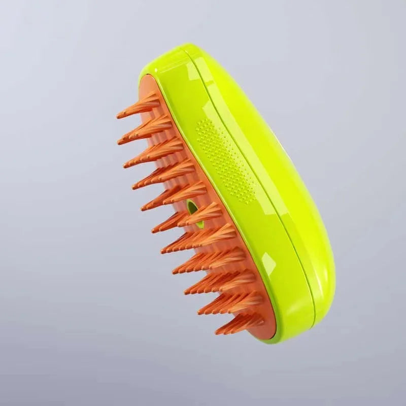 Pet steam brush by A minha loja with a handheld design, showing steam cleaning process on a pet's fur in a clean setting.