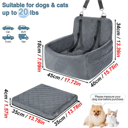 Portable dog car seat by A minha loja, showing a secure, comfortable pet car seat in neutral fabric for safe travel.